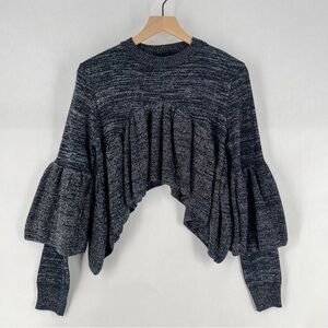 Lost‎ Ink Metallic Ruffled Shark Bite Crop Bell Sleeve Pleated Babydoll Sweater